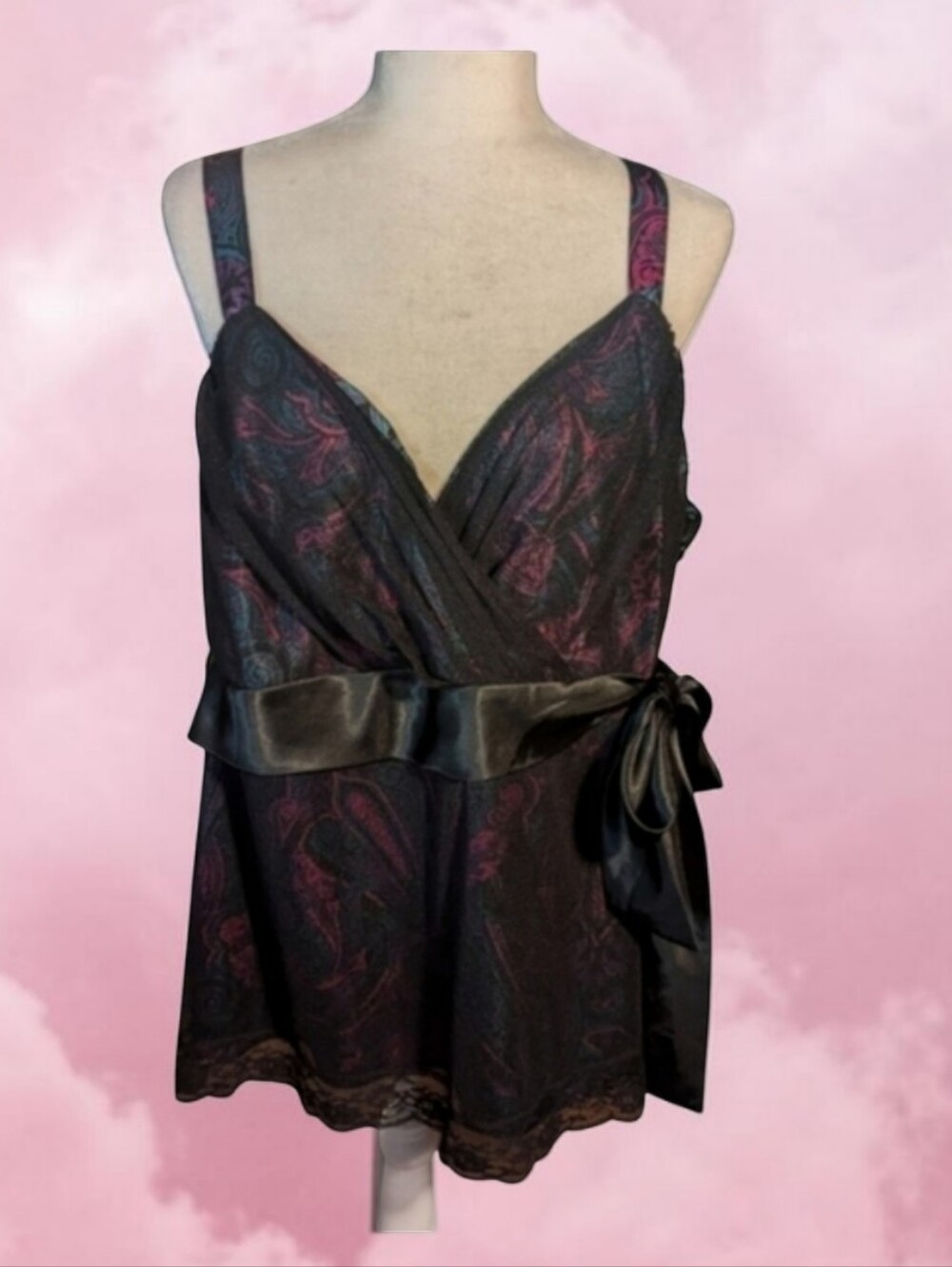 Lane Bryant Y2K Empire Babydoll Top Satin Paisley Lace Tie Romantic Sz 20